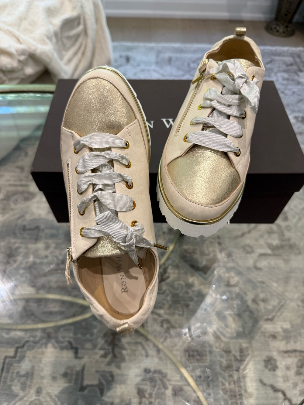 NWT Ron white luxury Metallic beige gold nappa Leather Platform Sneakers